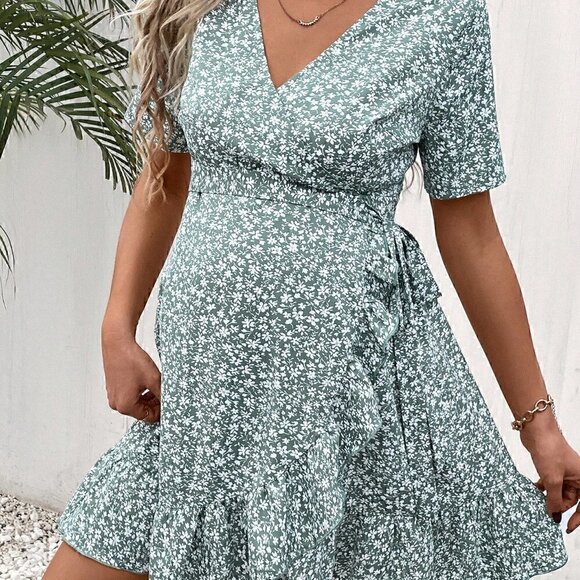 Blue Boho Womens Floral Print Knot Side Ruffle Trim Wrap Dress - Picture 5 of 5